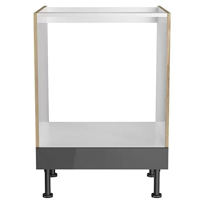 Optifit Geräteumbauschrank Jonte984 - L x B x H: 58,1 x 60 x 87 cm, Glanz Lack Anthrazit - Offener Unterschrankkorpus mit weißem Innenraum, hellen Holzseiten, dunkler Sockelblende und verstellbaren Füßen.