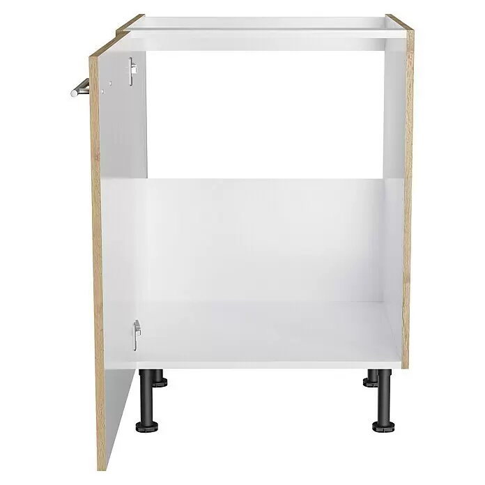 Optifit Spülenunterschrank Erik290 - B x T x H: 60 x 58,1 x 87 cm - Offener weißer Unterschrank mit Holzoptik-Seiten, verstellbaren schwarzen Füßen und einem Handtuchhalter links.