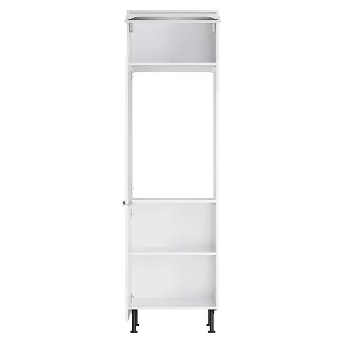 Optifit Demi-Geräteumbauschrank Optikomfort Arvid 986 - L x B x H: 58,1 x 60 x 211,8 cm, Glanz Lack Weiß, Für integrierbaren Kühlschrank - Weißer offener Schrankschrank mit offenem Oberfach, zwei Einlegeböden und verstellbaren schwarzen Füßen.