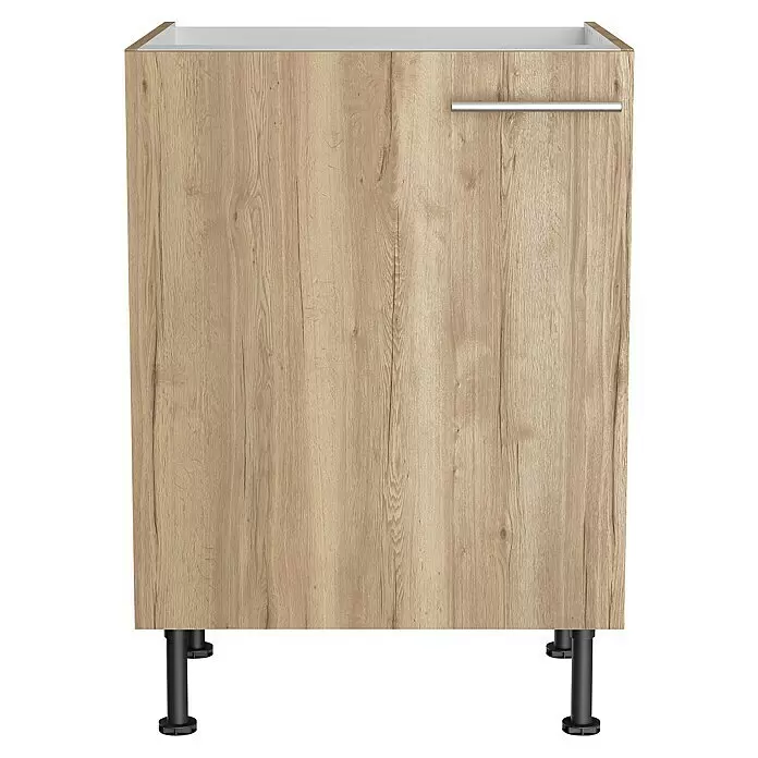 Optifit Spülenunterschrank Erik290 - B x T x H: 60 x 58,1 x 87 cm - Heller Unterschrank in Holzoptik mit silbernem Griff und schwarzen höhenverstellbaren Füßen.