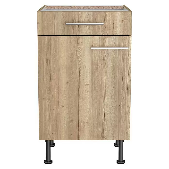 Optifit Unterschrank Erik290 - L x B x H: 58,1 x 50 x 87 cm, Nachbildung Wildeiche - Heller Küchenunterschrank aus Holz mit Schublade, Tür, silbernen Griffen und schwarzen verstellbaren Beinen.