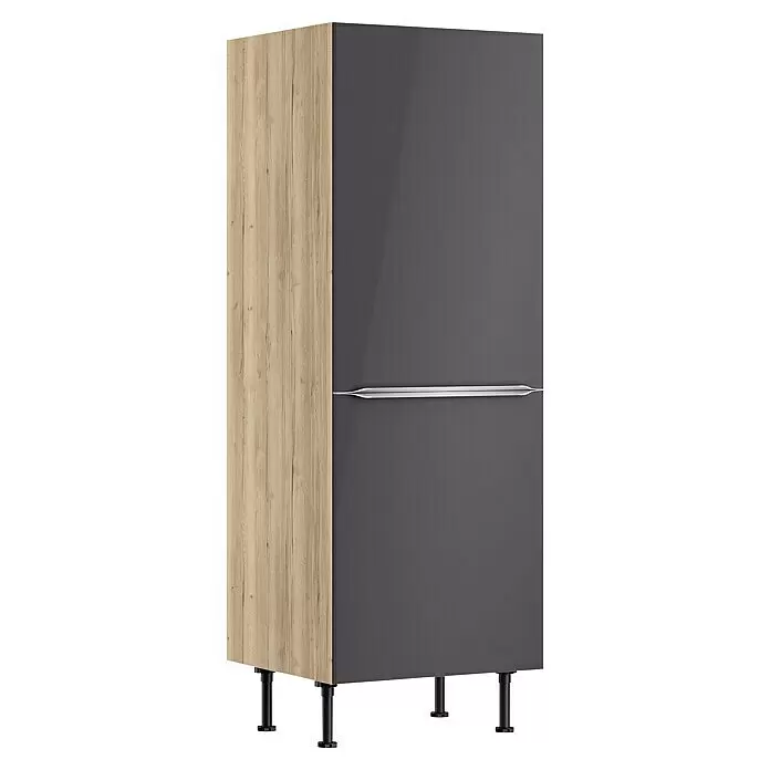Optifit Midischrank Optikomfort Linus984 - L x B x H: 58,1 x 60 x 176,6 cm, Glanz Lack Anthrazit, Für integrierbaren Kühlschrank - Hoher Küchenschrank mit heller Holzoptik-Seitenwand, dunkelgrauer Hochglanzfront, horizontalem Griff und schwarzen verstellbaren Füßen.