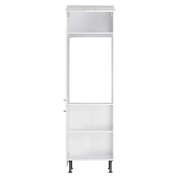 Optifit Geräteumbauschrank Optikomfort Rurik986 - L x B x H: 58,1 x 60 x 211,8 cm, Glanz Lack Weiß, Für integrierbaren Kühlschrank - Weißes offenes modulares Schrankgestell mit Regalböden, Kleiderstange und schwarzen verstellbaren Füßen.