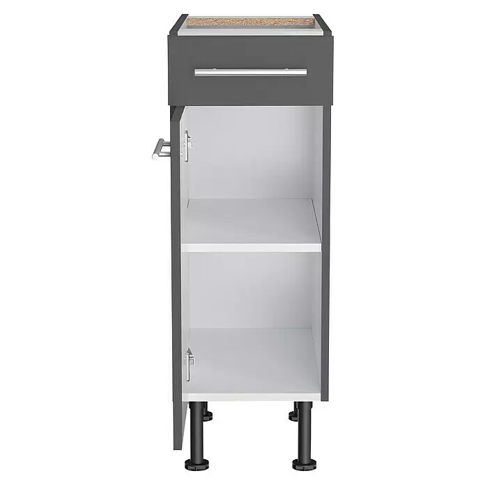 Optifit Unterschrank Ingvar420 - L x B x H: 58,1 x 30 x 87 cm, Anthrazit matt - Grauer Küchenunterschrank mit offener Tür, Schublade, zwei Regalböden und sichtbarer Spanplatte oben.