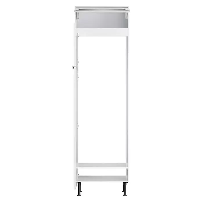 Optifit Demi-Geräteumbauschrank Optikomfort Arvid 986 - L x B x H: 58,1 x 60 x 211,8 cm, Glanz Lack Weiß, Für integrierbare Kühl-Gefrierkombination - Weißer hoher schmaler Schrankrahmen mit offenem oberen Fach und verstellbaren schwarzen Füßen.