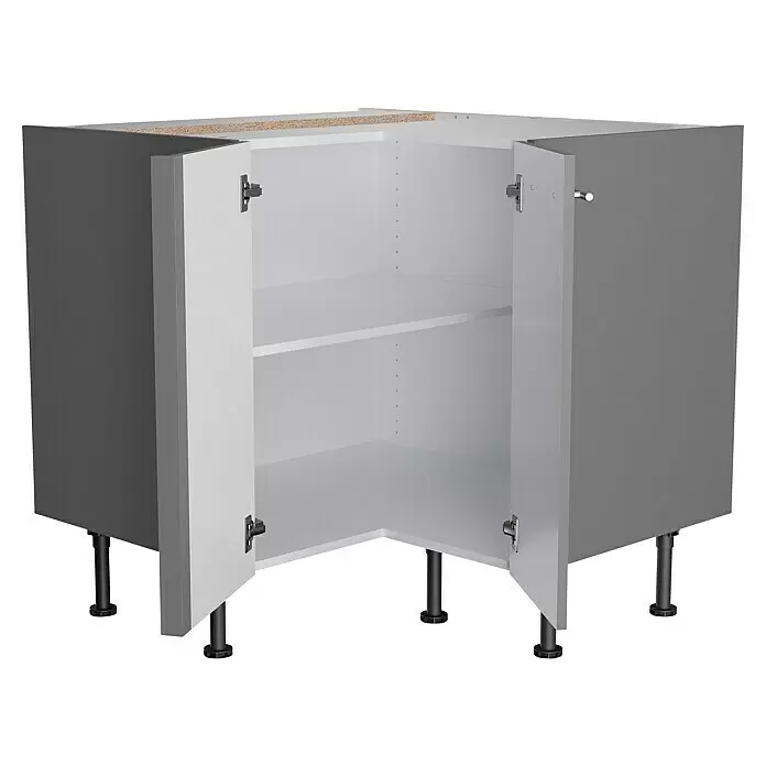 Optifit Eck-Unterschrank Optikomfort Mats825 - L x B x H: 58,1 x 90 x 87 cm, Basaltgrau - Grau-weißer Eckunterschrank mit offenen Türen, zwei Regalböden und verstellbaren Füßen.