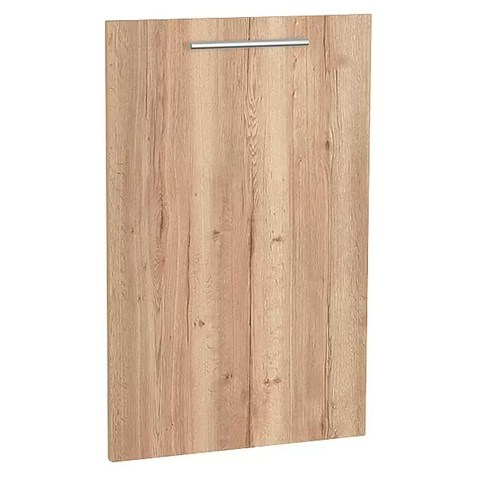 Optifit Geschirrspülerfront Optikomfort Erik290 - L x B x H: 1,6 x 44,6 x 70 cm, Wildeiche Nachbildung - Helle Holznachbildung-Schranktür mit horizontalem silbernem Griff.