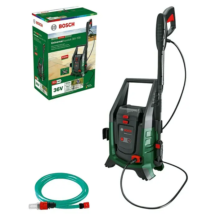 Bosch Universal Akku-Hochdruckreiniger UniversalAquatak 36V-100 - 7 -tlg., 36 V, Ohne Akku - Abbildung eines Bosch UniversalAquatak 36V-100 Akku-Hochdruckreinigers mit Zubehör. Leistungsstark für Reinigungsarbeiten im Außenbereich.