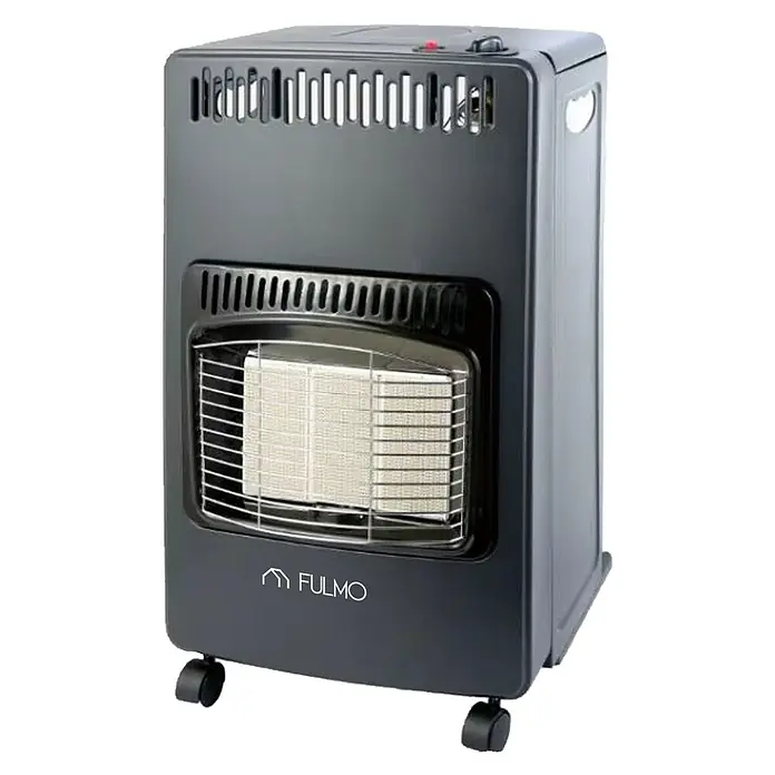 Fulmo Estufa de gas cerámica plegable - 4,2 kW, Negro - Estufa de gas Fulmo negra con rejilla de seguridad. Estufa móvil para interiores con ruedas.