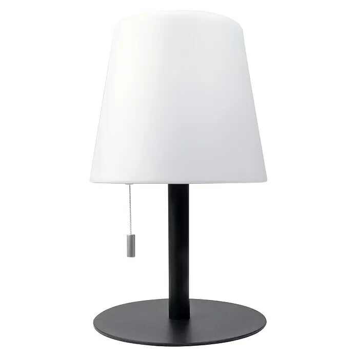 Schwaiger Akku-Tischleuchte - L x B x H: 15,3 x 15,3 x 25,5 cm, RGBW, IP44 - Tischlampe mit weißem Schirm, schwarzem Fuß und Stiel, ausgestattet mit einer grauen Zugkette.