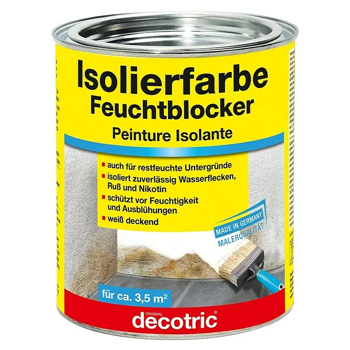 Decotric Isolierfarbe Feuchtblocker - 750 ml, Weiß - Dose Isolierfarbe Feuchtblocker von Decotric. Isoliert zuverlässig Wasserflecken, Ruß und Nikotin. Auch für restfeuchte Untergründe geeignet.