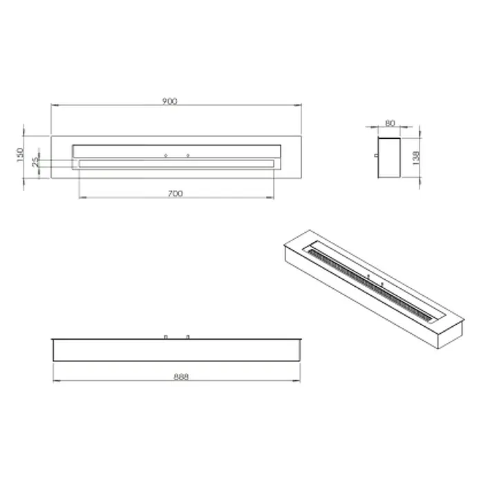 Purline Bloque de combustión F9690 - 90 x 15 x 8 cm, Acero inoxidable - Dibujo técnico de una chimenea de bioetanol con dimensiones para la instalación y el diseño.