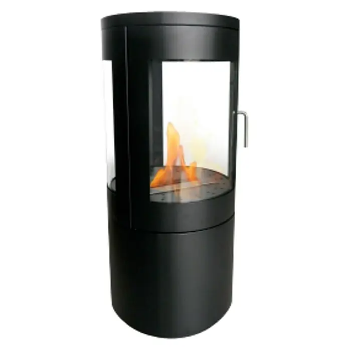Purline Chimenea de bioetanol Bestfire View - 43 x 43 x 95 cm, Negro - Elegante chimenea de etanol negra con paneles de vidrio, que muestra una llama visible para un ambiente acogedor.