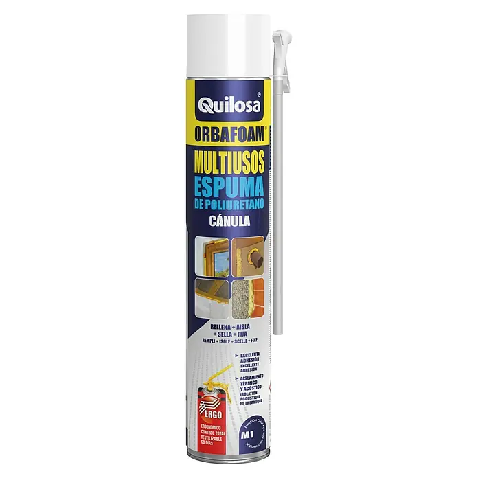 Quilosa Adhesivo para montaje Orbafoam multiusos - Cartucho, 670 ml - Imagen de una lata de espuma de PU multiusos Quilosa Orbafoam con aplicador para trabajos de relleno, sellado y aislamiento.