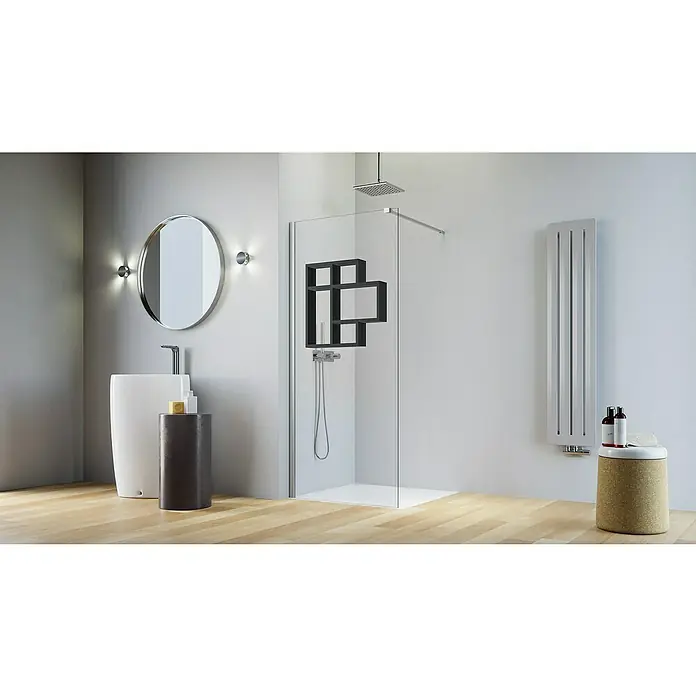 Camargue Vario Duschwand S7-REG1-02BB x H: 90 x 191,5 cm, Beschichtet, Silber/Schwarz - Modernes Badezimmer mit begehbarer Dusche, stilvollem Waschtisch und minimalistischer Einrichtung. Die Dusche ist das Highlight des Raumes.