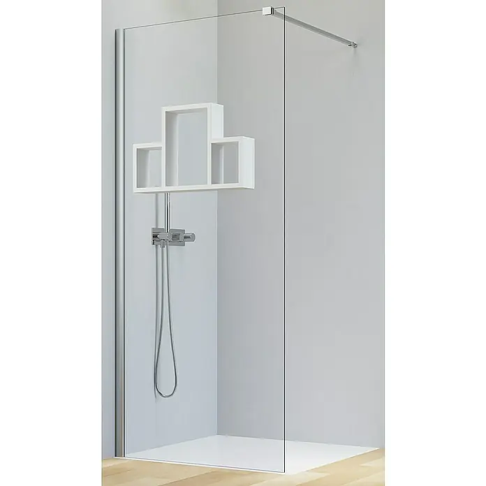 Camargue Vario Duschwand S6-REG1-01W - B x H: 80 x 191,5 cm, Beschichtet, Silber/Weiß - Ein modernes Badezimmer mit einer Duschkabine aus Glas, einer weißen Ablage und einer Armatur mit Schlauch.