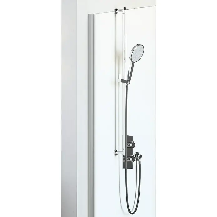 Camargue Vario Duschwand S5-REG1-01BB x H: 75 x 191,5 cm, Beschichtet, Silber/Schwarz - Nahaufnahme einer modernen Duschkabine mit einer eleganten Duscharmatur, die ein minimalistisches Design und hochwertige Materialien zeigt.