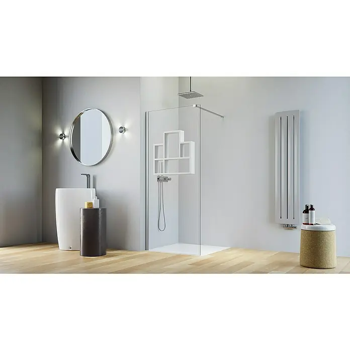 Camargue Vario Duschwand S5-REG1-02W - B x H: 75 x 191,5 cm, Beschichtet, Silber/Weiß - Helles Badezimmer mit ebenerdiger Dusche mit Glaswand inklusive eingebauten Regalen, Waschtisch mit rundem Spiegel und schlanker Heizung.