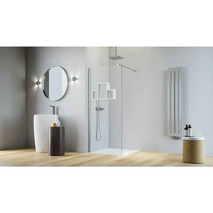 Camargue Vario Duschwand S6-REG1-01W - B x H: 80 x 191,5 cm, Beschichtet, Silber/Weiß - Modernes Badezimmer mit begehbarer Dusche, Waschtisch und Spiegel. Der Raum strahlt durch die helle Farbgebung eine elegante Atmosphäre aus.