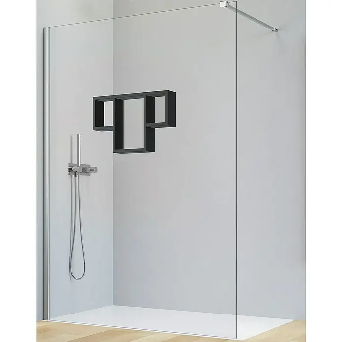 Camargue Vario Duschwand S14P-REG1-01B - B x H: 140 x 191,5 cm, Beschichtet, Silber/Schwarz - Duschkabine mit klaren Glaswänden und eingebautem, modernem, schwarzem Regal für Badezimmerutensilien.\n