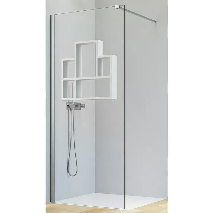 Camargue Vario Duschwand S5-REG1-02W - B x H: 75 x 191,5 cm, Beschichtet, Silber/Weiß - Elegante Duschkabine mit klaren Glaswänden und einem modernen, weißen Regal zur Aufbewahrung von Badutensilien.