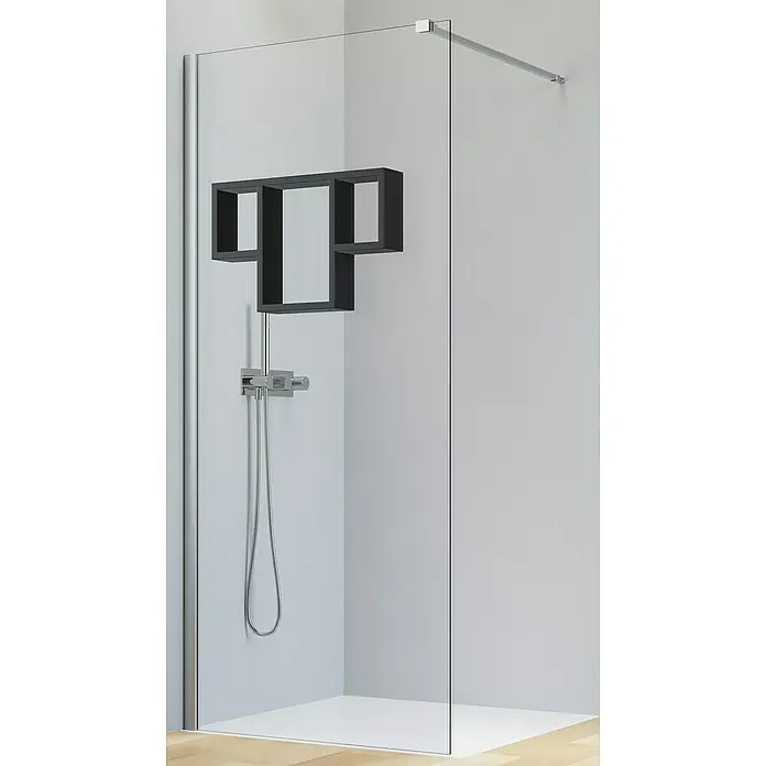 Camargue Vario Duschwand S5-REG1-01BB x H: 75 x 191,5 cm, Beschichtet, Silber/Schwarz - Dusche mit Glaswand und schwarzem Regal. Stilvolles Badezimmer-Design mit moderner Duscharmatur und minimalistischem Look.