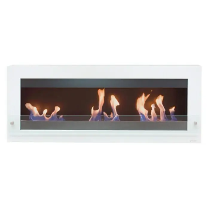 Purline Chimenea de bioetanol Melibea - 16,5 x 136 x 54 cm, Negro - La imagen muestra una chimenea de bioetanol moderna con marco blanco y llamas vibrantes, creando un ambiente acogedor.