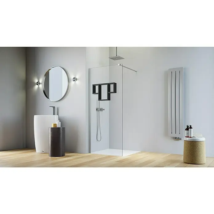 Camargue Vario Duschwand S5-REG1-01BB x H: 75 x 191,5 cm, Beschichtet, Silber/Schwarz - Modernes Badezimmer mit Dusche, Waschbecken und Handtuchwärmer. Das minimalistische Design sorgt für eine entspannende Atmosphäre.