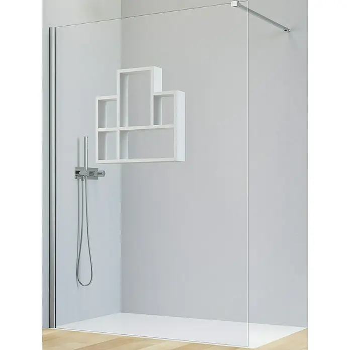 Camargue Vario Duschwand S14P-REG1-02W - B x H: 140 x 191,5 cm, Beschichtet, Silber/Weiß - Minimalistische Duschkabine mit klaren Glaswänden, chromfarbenen Armaturen und einem modernen, weißen Regal.