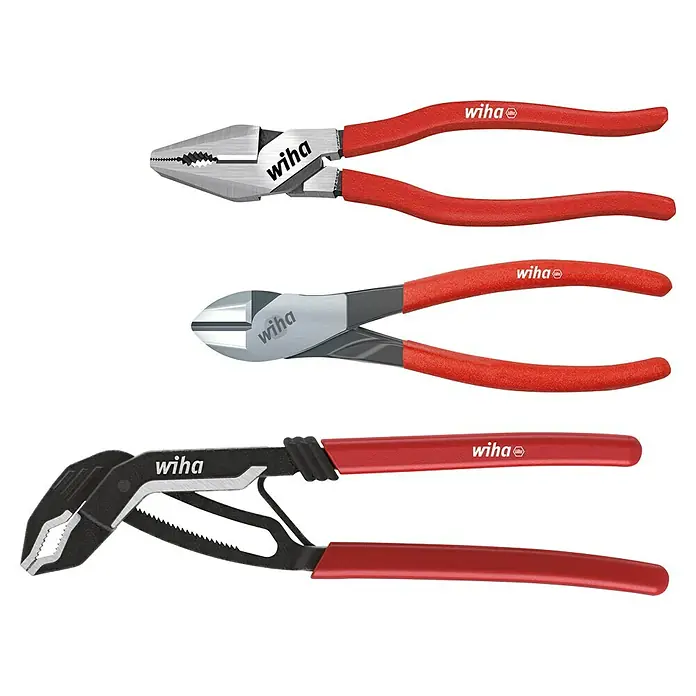 Wiha Zangen-Set Classic Plus - 3 -tlg. - Das Bild zeigt drei verschiedene Wiha-Zangen mit roten Griffen. Es sind Kombinationszangen, Seitenschneider und Wasserpumpenzangen abgebildet.
