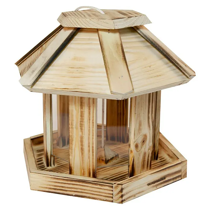 Windhager Vogelhaus - L x B x H: 26 x 26 x 24,5 cm, Natur, Geflammt, Holz - Ein detailreicher, hölzerner Vogelhaus-Automat mit einem mehrschichtigen Dach und durchsichtigen Futterbehältern.