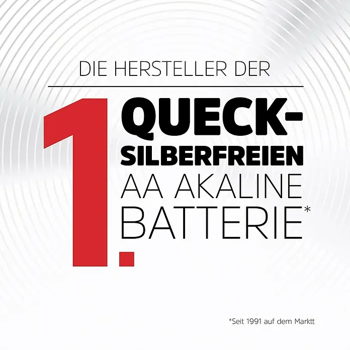 Energizer Max Batterie - Micro AAA, 1,5 V, Alkali-Mangan, 20 Stk. - Werbung für quecksilberfreie AA-Alkaline-Batterien, die seit 1991 auf dem Markt sind.