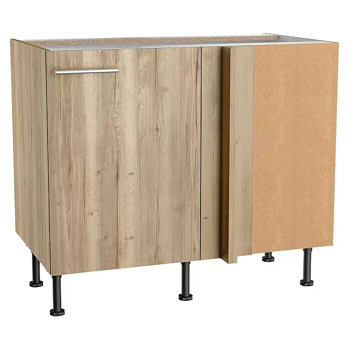 Optifit Eck-Unterschrank Erik290 - L x B x H: 58,4 x 100 x 87 cm, Nachbildung Wildeiche - Unterbauküchenschrank aus hellem Holzdekor mit silbernem Griff, freiliegender Spanplatte und schwarzen Verstellfüßen.