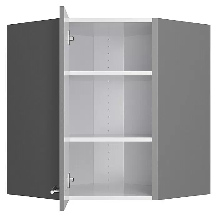 Optifit Eck-Hängeschrank Optikomfort Mats825 - L x B x H: 34,6 x 60 x 70,4 cm, Basaltgrau - Offener grauer Eck-Hängeschrank mit weißem Innenraum und zwei verstellbaren Einlegeböden.