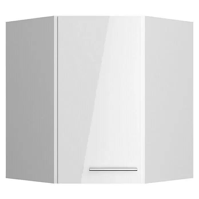 Optifit Eck-Hängeschrank Optikomfort Rurik986 - L x B x H: 34,6 x 60 x 70,4 cm, Glanz Lack Weiß - Weißer glänzender Eckwandschrank mit silbernem Griff.