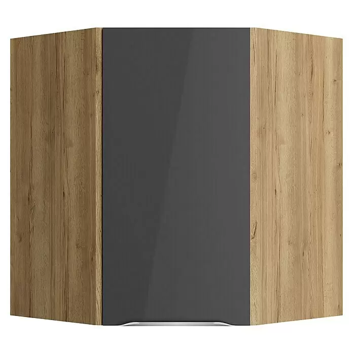 Optifit Eck-Hängeschrank Optikomfort Linus984 - L x B x H: 34,6 x 60 x 70,4 cm, Glanz Lack Anthrazit - Eckschrank mit hellen Holzmaserungs-Seitenpaneelen, einer dunkelgrauen Hochglanz-Mitteltür und einem silbernen Griff.