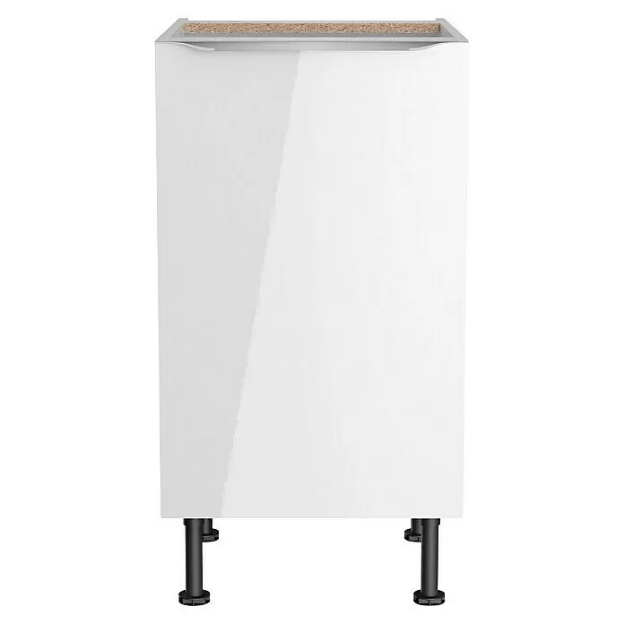 Optifit Unterschrank Ingvar420 - L x B x H: 58,1 x 45 x 87 cm, Anthrazit matt - Weißer Hochglanz-Küchenunterschrank mit Spanplattenkante oben und schwarzen höhenverstellbaren Füßen.