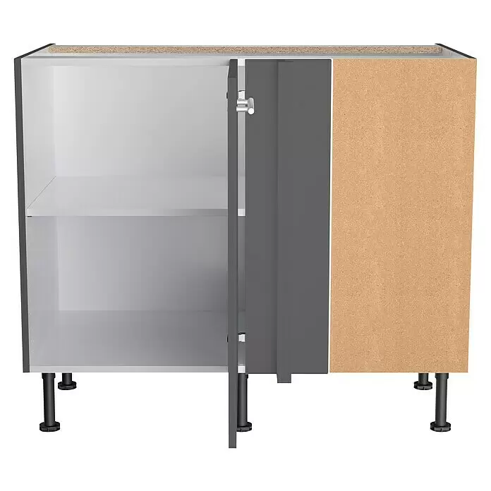 Optifit Eck-Unterschrank Jonte984 - L x B x H: 58,4 x 100 x 87 cm, Glanz Lack Anthrazit - Teilweise montierter Küchenunterschrank mit einer offenen dunkelgrauen Tür, weißen Einlegeböden, verstellbaren Füßen und sichtbarer hellbrauner Spanplatte.