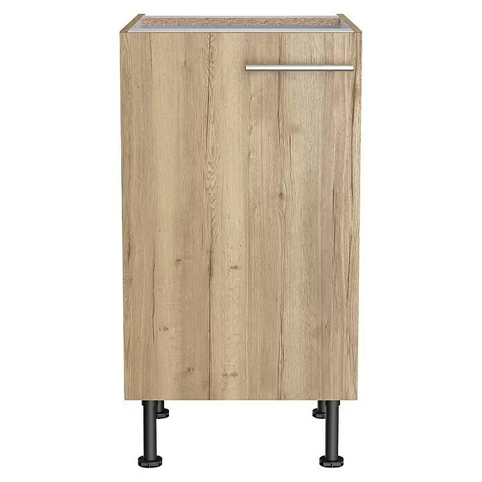 Optifit Unterschrank Erik290 - L x B x H: 58,1 x 45 x 87 cm, Nachbildung Wildeiche - Küchenunterschrank in heller Holzoptik mit silbernem Griff und schwarzen verstellbaren Beinen.