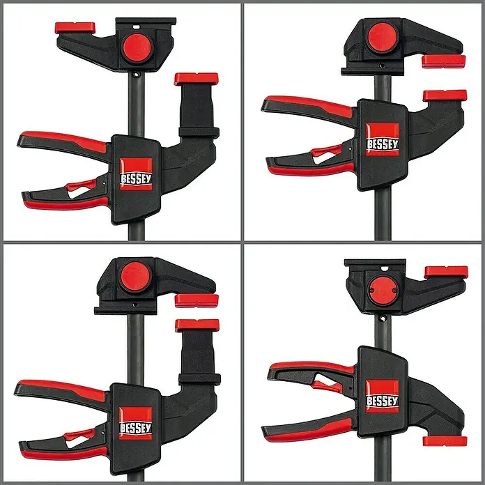 Bessey Einhandzwinge EZR - Spannweite: 150 mm, Ausladung: 60 mm - Das Bild zeigt eine Detailansicht einer schwarzen und roten BESSEY Getriebezwinge in vier verschiedenen Perspektiven. Präzises Werkzeug für Profis!