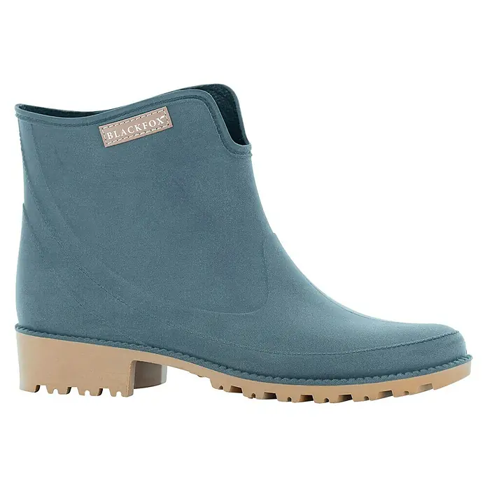 Black Fox Stiefelette Preston - Schuhgröße: 42, Blau - Ein stilvoller, blauer BLACKFOX Kurzschaft-Gummistiefel mit beigem Blockabsatz und robuster Profilsohle, perfekt für jedes Wetter.