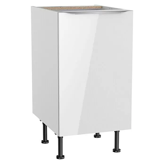 Optifit Unterschrank Optikomfort Arvid 986 - 58,1 x 45 x 87 cm, Glanz Lack Weiß - Weißer Hochglanz-Unterschrank mit griffloser Front, auf schwarzen verstellbaren Füßen.