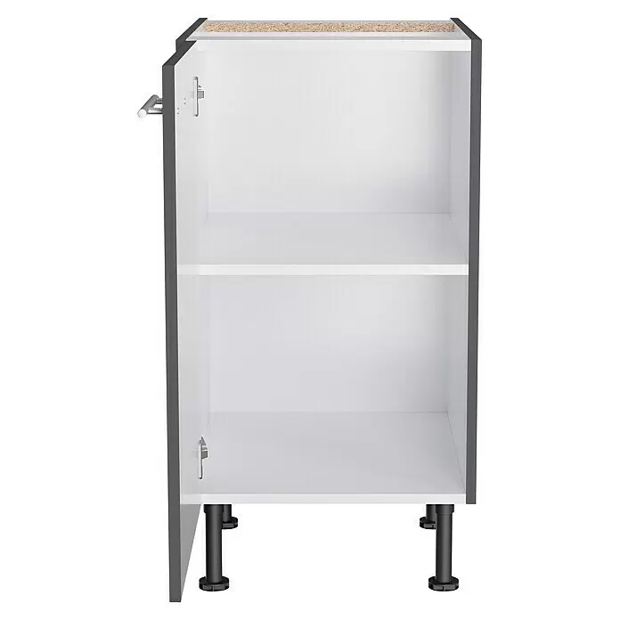 Optifit Unterschrank Ingvar420 - L x B x H: 58,1 x 45 x 87 cm, Anthrazit matt - Offener Unterschrank: dunkelgrau, weiße Innenseite, zwei Einlegeböden, Holzkante oben, verstellbare Füße, silberner Griff.