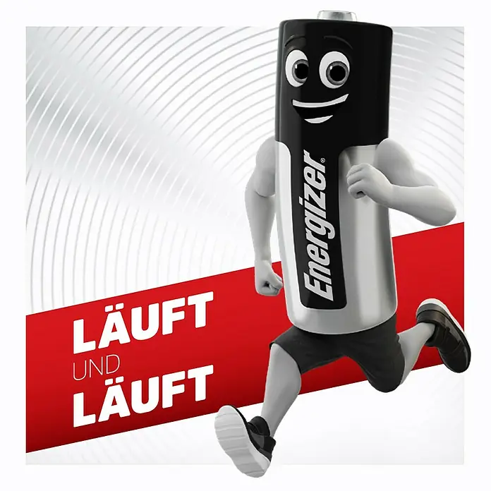 Energizer Max Batterie - Micro AAA, 1,5 V, Alkali-Mangan, 20 Stk. - Energizer-Batterie-Maskottchen läuft vor einem weißen Hintergrund und mit dem Text "Läuft und Läuft".