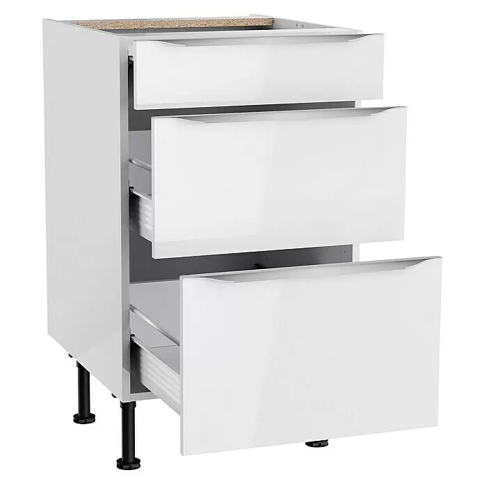 Optifit Unterschrank Optikomfort Arvid 986 - 58,1 x 50 x 87 cm, Glanz Lack Weiß, Mit Schubkasten und 2 Auszügen - Weißer Hochglanz-Unterschrank mit drei Schubladen, zwei teils offen, und schwarzen Verstellfüßen.