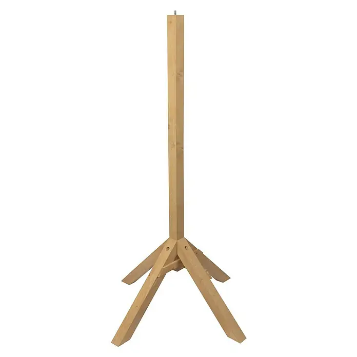 Windhager Vogelhausständer Vierbein - 124 cm, Natur - Ansicht eines Holzpfostens, der auf einem dreibeinigen Holzsockel montiert ist und eine stabile und natürliche Struktur für Außenbereiche bietet.