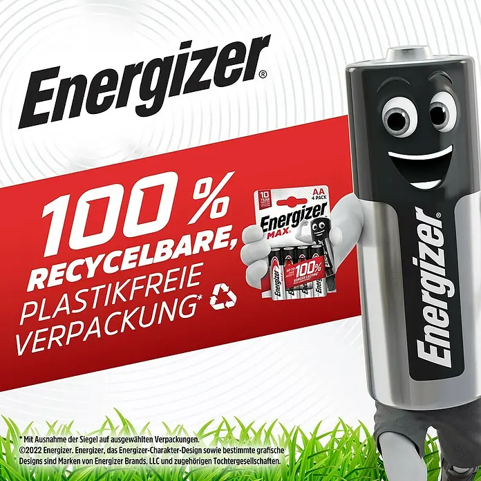 Energizer Max Batterie - Micro AAA, 1,5 V, Alkali-Mangan, 20 Stk. - Die Abbildung zeigt eine Packung Energizer Max AA-Batterien mit dem Hinweis "100% recycelbare, plastikfreie Verpackung".