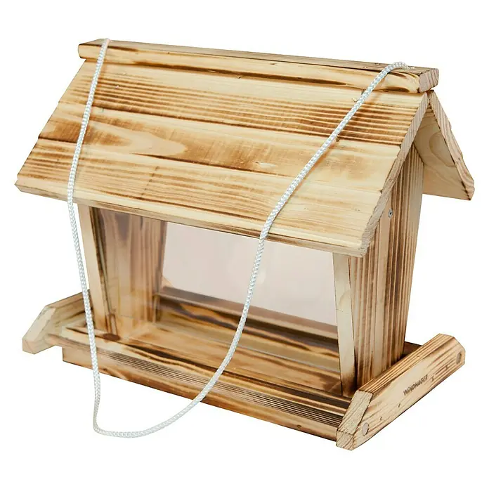 Windhager Vogelhaus - L x B x H: 18 x 28 x 24 cm, Natur, Geflammt, Holz - Ein hölzernes Vogelhaus mit einem transparenten Fenster, das an einem Seil aufgehängt ist. Perfekt für den Garten oder die Terrasse, um Vögel zu beobachten.