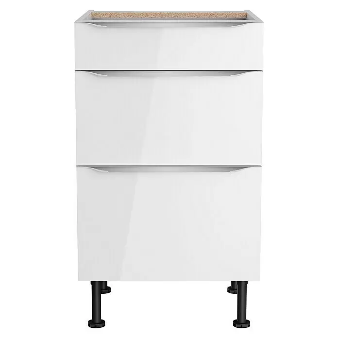 Optifit Unterschrank Optikomfort Arvid 986 - 58,1 x 50 x 87 cm, Glanz Lack Weiß, Mit Schubkasten und 2 Auszügen - Weißer Hochglanz-Unterschrank mit drei Schubladen, integrierten Griffen und schwarzen verstellbaren Füßen. Rohe Oberkante.