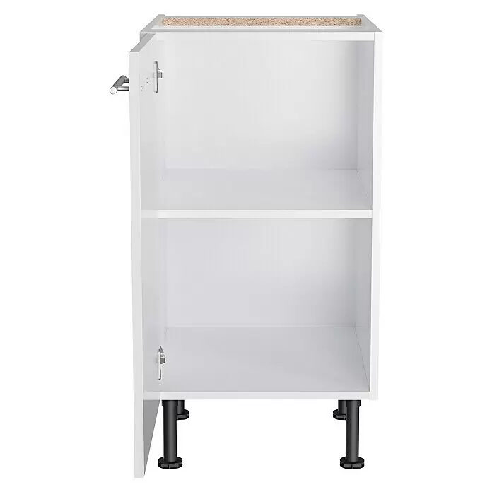 Optifit Unterschrank Optikomfort Rurik986 - L x B x H: 58,1 x 45 x 87 cm, Glanz Lack Weiß - Weißer Küchenunterschrank mit zwei verstellbaren Einlegeböden und schwarzen Nivellierfüßen.